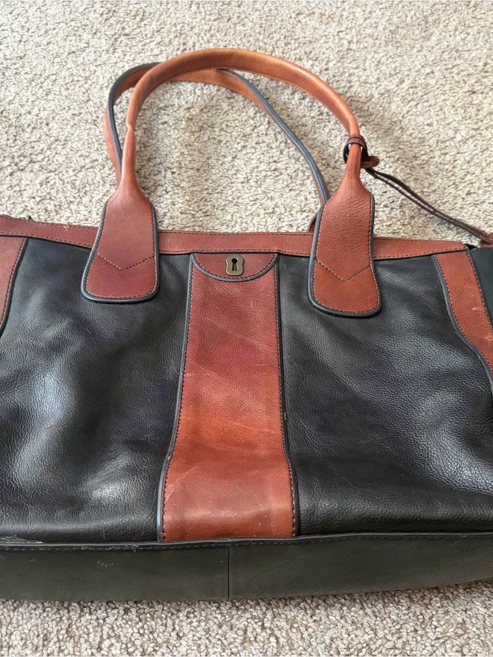 Fossil Black and Brown Leather Laptop Tote with Key Charm